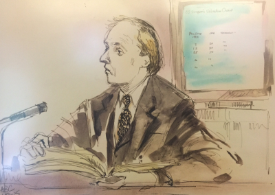 The courtroom watercolor of Mark giving testimony at the trial of OJ Simpson