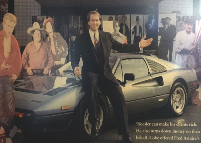 An article featuring Mark on his Ferrari, surrounded by cutouts of some of his clients